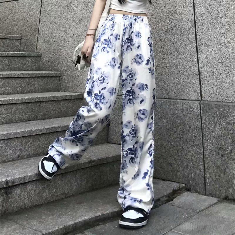 Tie-dyed Blommiga Wide-leg Byxor Män Lös Och Casual Mopping Golvet