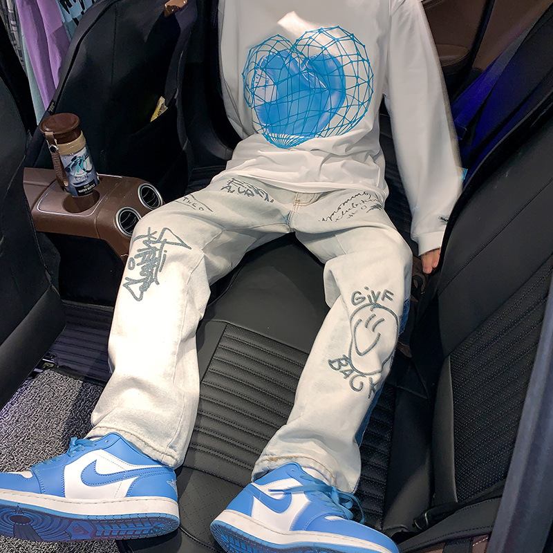 Trendiga Märkes Jeans Mäns Löst Mode Långbyxor Personlighet Utskrift Raka Ben Byxor